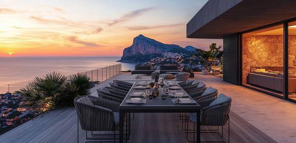 Ein schön gedeckter Tisch steht auf einer Terrasse firekt am Meer. Im Hintergrund sind ein paar Felsen und der Sonnenuntergang zu sehen