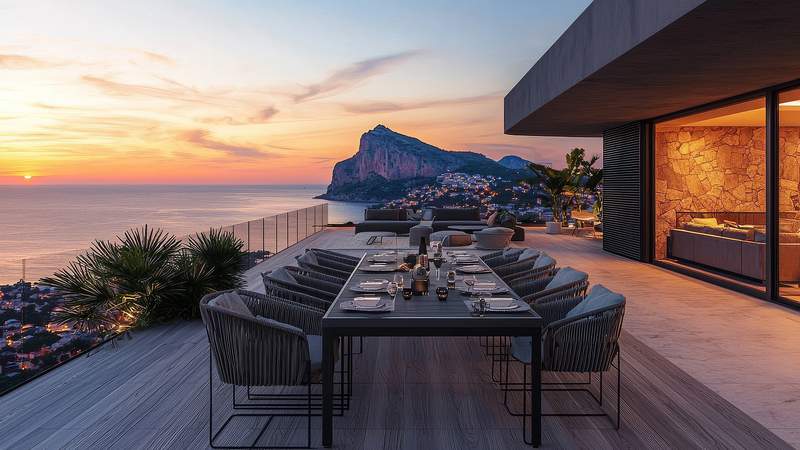 Ein schön gedeckter Tisch steht auf einer Terrasse firekt am Meer. Im Hintergrund sind ein paar Felsen und der Sonnenuntergang zu sehen