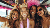 Junggesellinnenabschied im Partybus Vier Frauen lachen in die Kamera und sind passend für einen Junggesellenabschied gekleidet