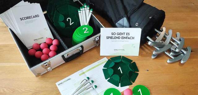 Miete eine Bürogolf-Ausrüsung für bis zu 45 Personen Bürogolf Mietausrüstung