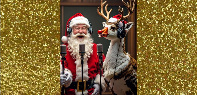 Weihnachtsmann und Fabelwesen am Mikrofon Weihnachtsfeier am Mikro mit Hörspielen & Co