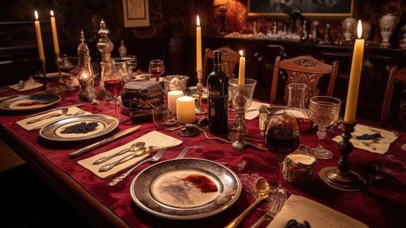 Eine Tafel ist festlich gedeckt mit Kerzen, Tischdecke und Gedeck in einem düsteren Ambiente