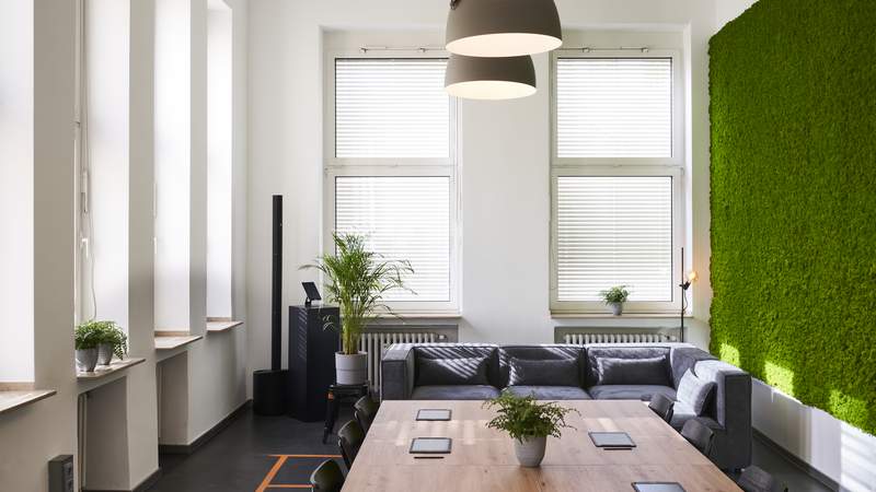 Auf dem Bild sieht man rechts eine bepflanzte Wand. Gegenüber sind Fenster und vor diesen stehen hohe Tische mit Barhockern. Mitten im Raum sieht man einen Meetingraum aus Holz.