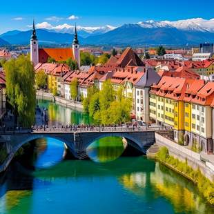 Man sieht auf eine alte Steinbrücke und zwei bunte Häuserreihen auf beiden Seiten des Flusses