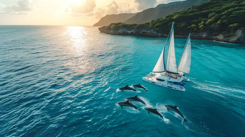 Man sieht ein Katamaran im Meer und vor wunderschöner Landschaft. Neben dem Boot schwimmen Defline