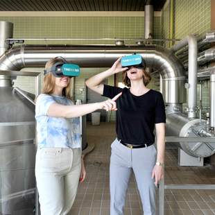 Gäste mit VR-Brille vor Braufässern