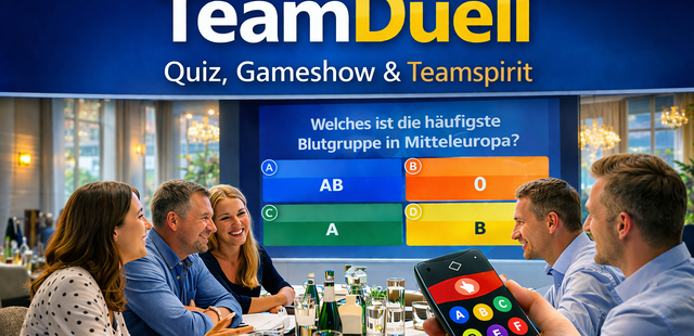 TeamDuell - Quiz, Gameshow & Teamspirit 5 Personen sitzen am Tisch und ein Mann hält eine Fernbedienung ins Bild. Im Hintergrund ist eine Leinwand zu sehen. Sie spielen das Quiz TeamDuell.