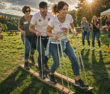 Company Games - Ihr Team. Ihr Event. Ihr Erfolg. Drei Personen bewegen sich beim Teamevent Company Games bei der Aktion Team-Ski auf Skiern fort.Im Hintergrund feuern drei weitere Teilnehmende das Team an.