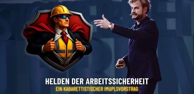 Helden der Arbeitssicherheit Helden der Arbeitssicherheit - ein kabarettistischer Impulsvortrag, Logo auf blauem Hintergrund.