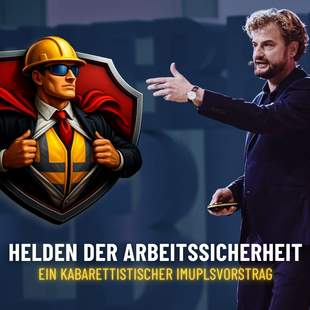 Helden der Arbeitssicherheit Helden der Arbeitssicherheit - ein kabarettistischer Impulsvortrag, Logo auf blauem Hintergrund.