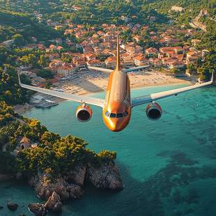 Man sieht ein Flugzeug von oben, wie es abhebt. Im Hintergrund ist ein Strand, ein Küstenort und viel Natur zu erkennen