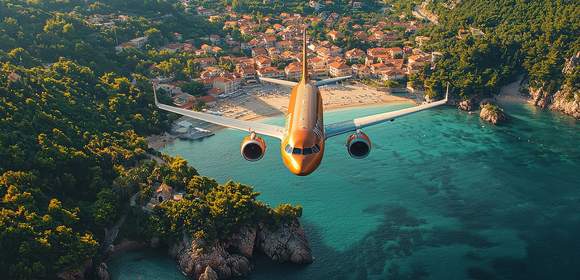 Man sieht ein Flugzeug von oben, wie es abhebt. Im Hintergrund ist ein Strand, ein Küstenort und viel Natur zu erkennen