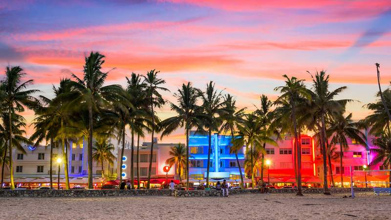 Man sieht einen Strand mit Palmen und eine bunte Häuserreihe im Hintergrund